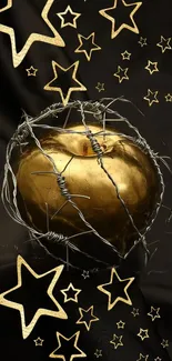 Golden apple with barbed wire and stars on a black background.