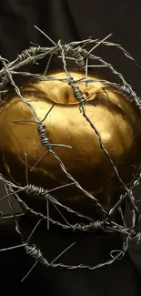 Golden apple encased in barbed wire on a dark background.