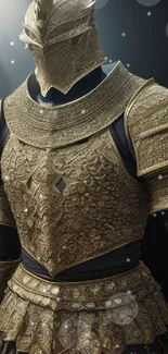 Intricately detailed golden armor with medieval design against a dark background.