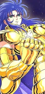 Anime warrior in gleaming golden armor with cosmic background.