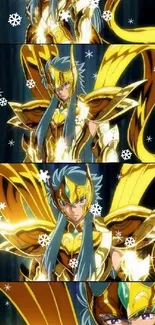 Anime character in gold armor with dynamic pose.