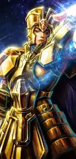 Golden armored warrior in cosmic scene, vibrant and dynamic illustration.