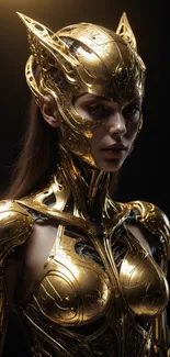 Golden warrior in futuristic armor with intricate details, perfect for mobile.