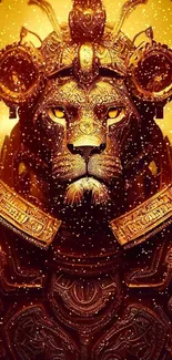 Majestic warrior lion in golden armor with glowing eyes, perfect for mobile wallpaper.