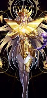 Golden warrior in detailed armor with cosmic symbols on mobile wallpaper.