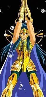 Golden armored anime warrior with a blue cape set against a black background.