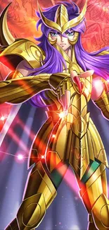 Anime character in gold armor with purple hair standing confidently.