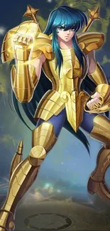 Golden armored anime character in a dynamic pose.