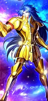 Golden armored hero with cosmic background for mobile wallpaper.