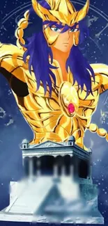 Golden armored warrior with blue hair on a celestial background.