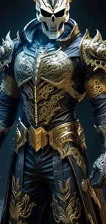 Golden armored warrior with intricate detailing on dark background.