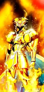 Golden armored warrior with flames backdrop.