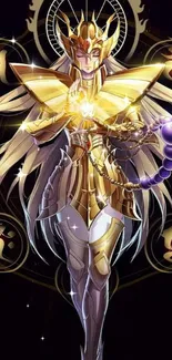 Golden armored anime warrior with celestial symbols and mystical aura.