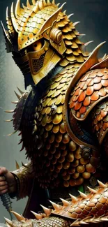 Golden armored warrior with detailed scales in fantasy art.