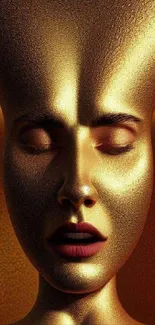 Golden face art wallpaper with textured surface.