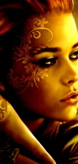 Golden-themed artistic wallpaper with floral patterns on a woman's face.