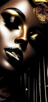 Golden artistic portrait with black and gold elements, luxurious and abstract.