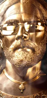 Gold sculpture with sunglasses on wallpaper.