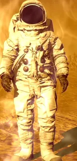 Golden astronaut standing in a fiery space scene.