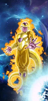 Anime character with golden aura and cosmic background.