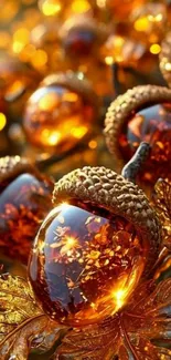 Golden acorn and autumn leaves art wallpaper.