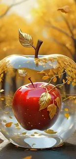 A vibrant apple enclosed in a glass sphere against a golden autumn backdrop.