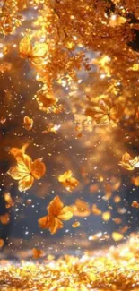 Golden butterflies fluttering through autumn leaves in sunlight.