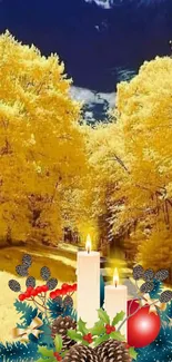 Golden autumn forest with candles and vibrant yellow trees.