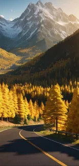 Serene road winding through golden autumn trees, bordered by majestic mountains.