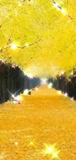 Glowing pathway of shimmering yellow leaves under bright trees.