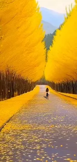 Pathway lined with vibrant yellow autumn trees.