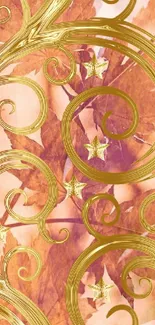 Mobile wallpaper with golden swirls and autumn leaves design.