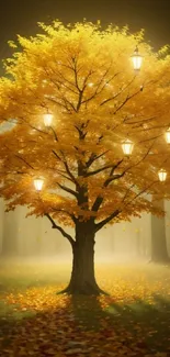 Golden autumn tree with glowing lanterns in a serene forest.