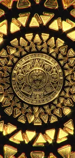 Gold Aztec calendar design with intricate details.