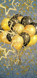 Elegant wallpaper with gold and black balloons and shimmering stars.