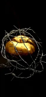 Golden orb wrapped in barbed wire on a black background mobile wallpaper.