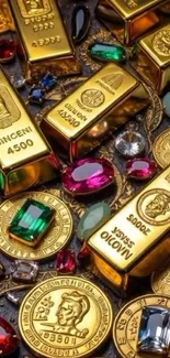 Gold bars and colorful gemstones in wallpaper.