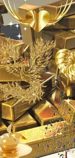 Stacks of golden bars with decorative sculptures in a luxurious wallpaper design.