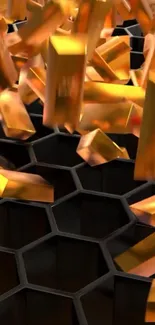 Golden bars falling on dark hexagonal background.