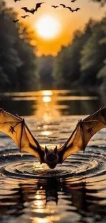 Bat skimming over water at sunset in serene nature scene.