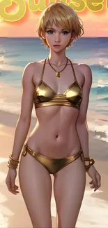 Anime girl in gold bikini on beach at sunset.