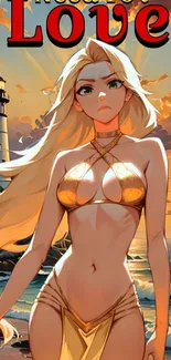 Anime character in a gold bikini by a lighthouse on a sunset beach.