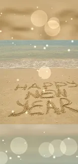 Beach scene with 'Happy New Year' written in sand.