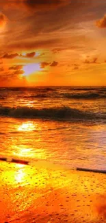 Golden sunset casting light over a tranquil beach and ocean waves.