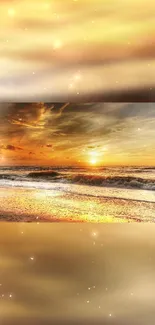 Golden beach sunset wallpaper with waves and warm hues.