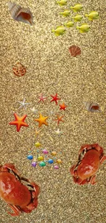 Golden sand wallpaper with crabs, starfish, and shells.