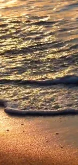 Golden waves gently wash over a sandy beach during sunset.