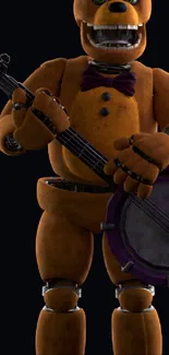 Golden animatronic bear playing a guitar.