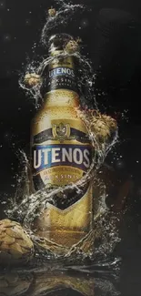 Golden beer bottle with splash effect on black background.