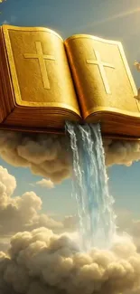 Golden Bible floating above clouds with light shining.